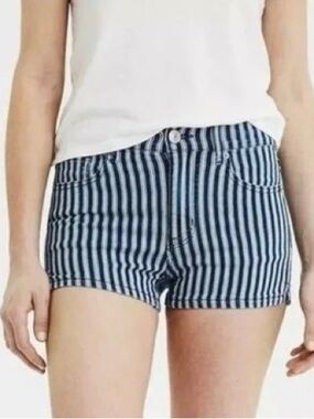 American Eagle Hi Rise Shortie Striped Navy and White Women’s Denim Shorts Sz 10